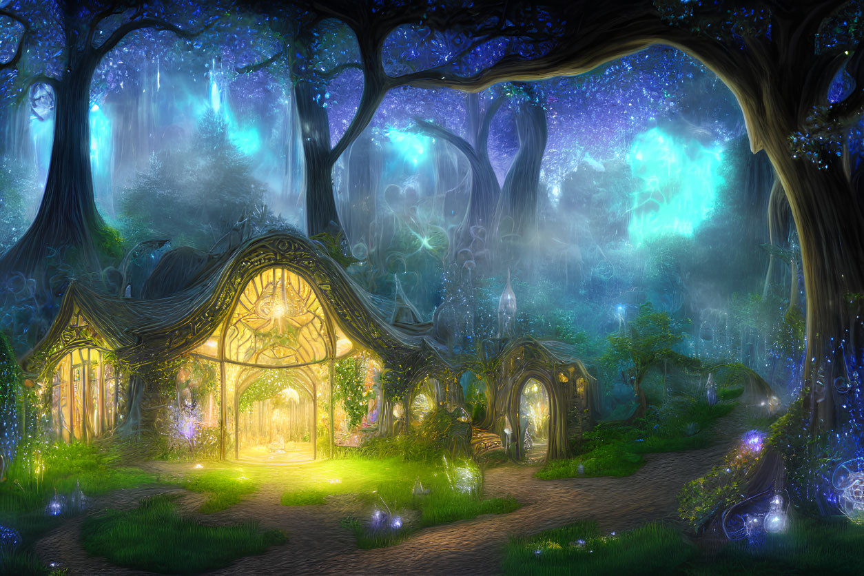 Magical forest night scene with glowing flowers and whimsical cottage