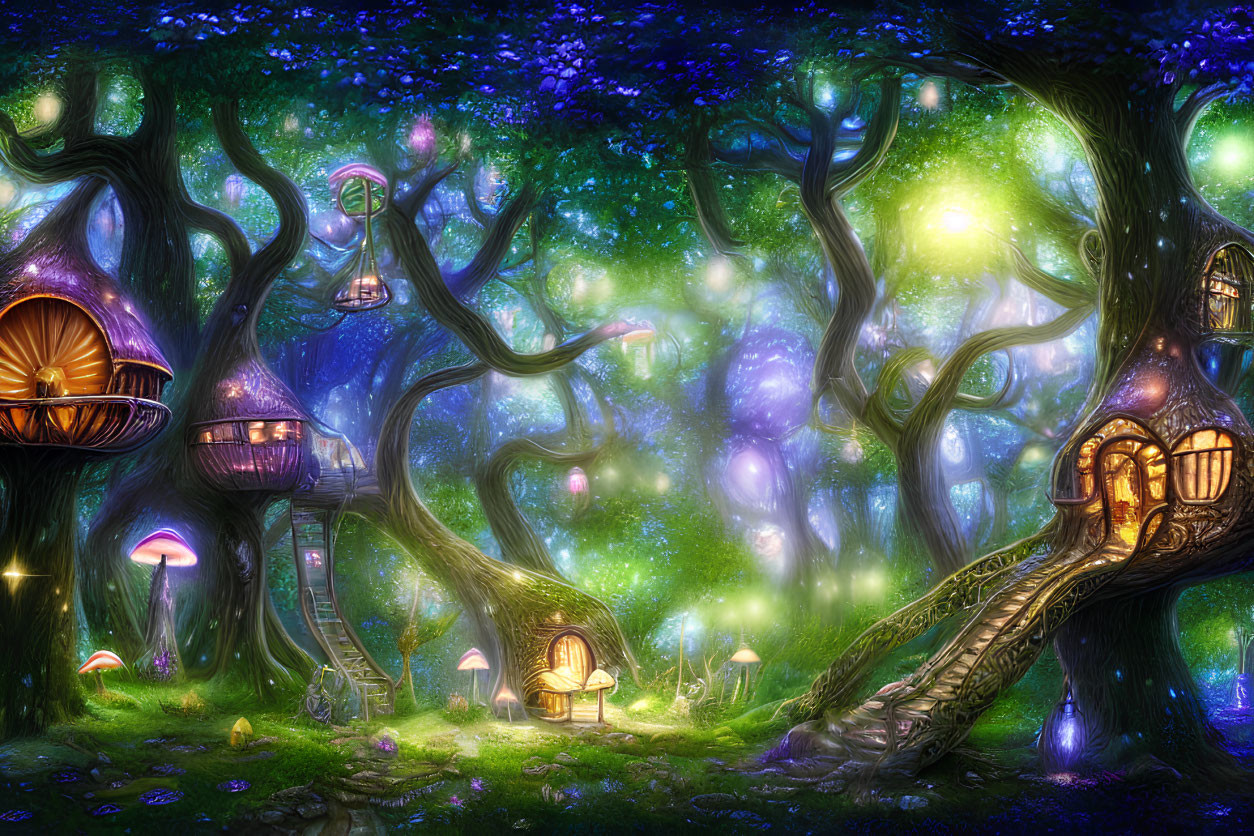 Glowing mushrooms and lantern-lit trees in enchanted forest scene