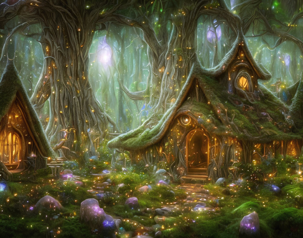 Whimsical enchanted forest scene with glowing treehouses and magical mushrooms