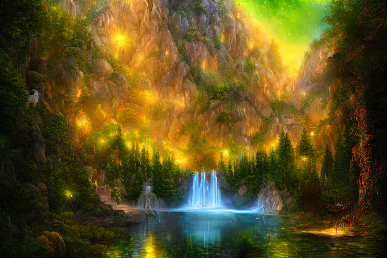 Fantasy landscape with glowing waterfalls and mystical green aurora