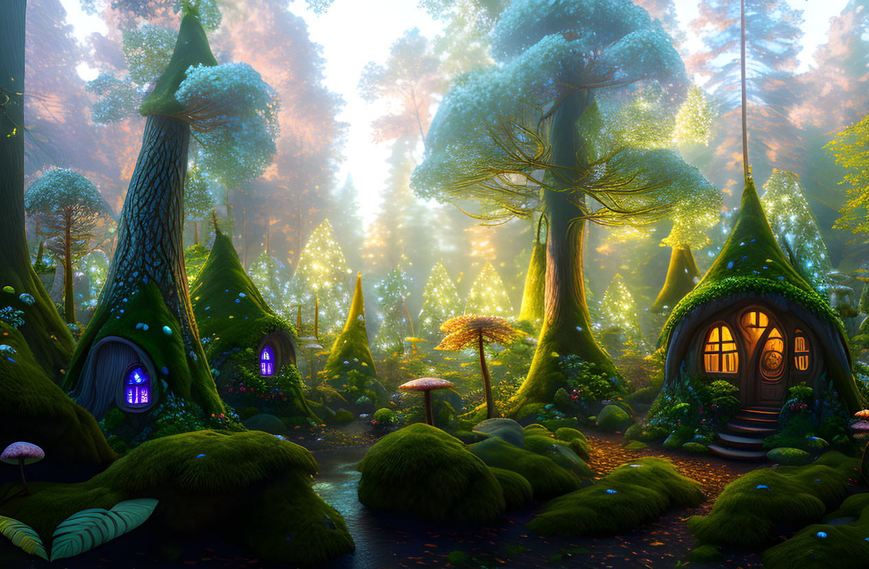 Whimsical mushroom-shaped houses in enchanting forest