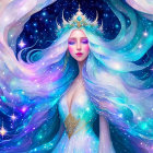 Mystical woman with blue hair in crystal crown and starry background