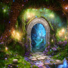 Enchanted forest scene with mystical doorway, glowing orbs, candles, and floating books
