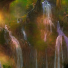 Enchanting forest scene with waterfalls, rainbow, and sunlight
