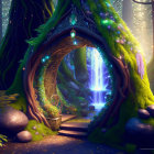 Enchanting tree with carved door, mystical symbols, lantern, magical forest, waterfall, glowing orbs