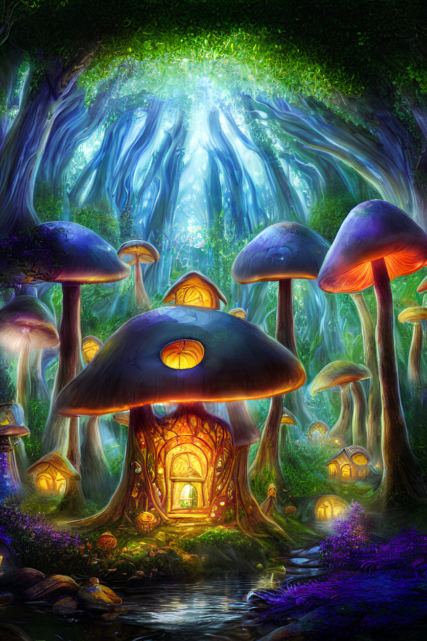 Enchanted forest with oversized mushrooms and cozy dwellings under tree canopy