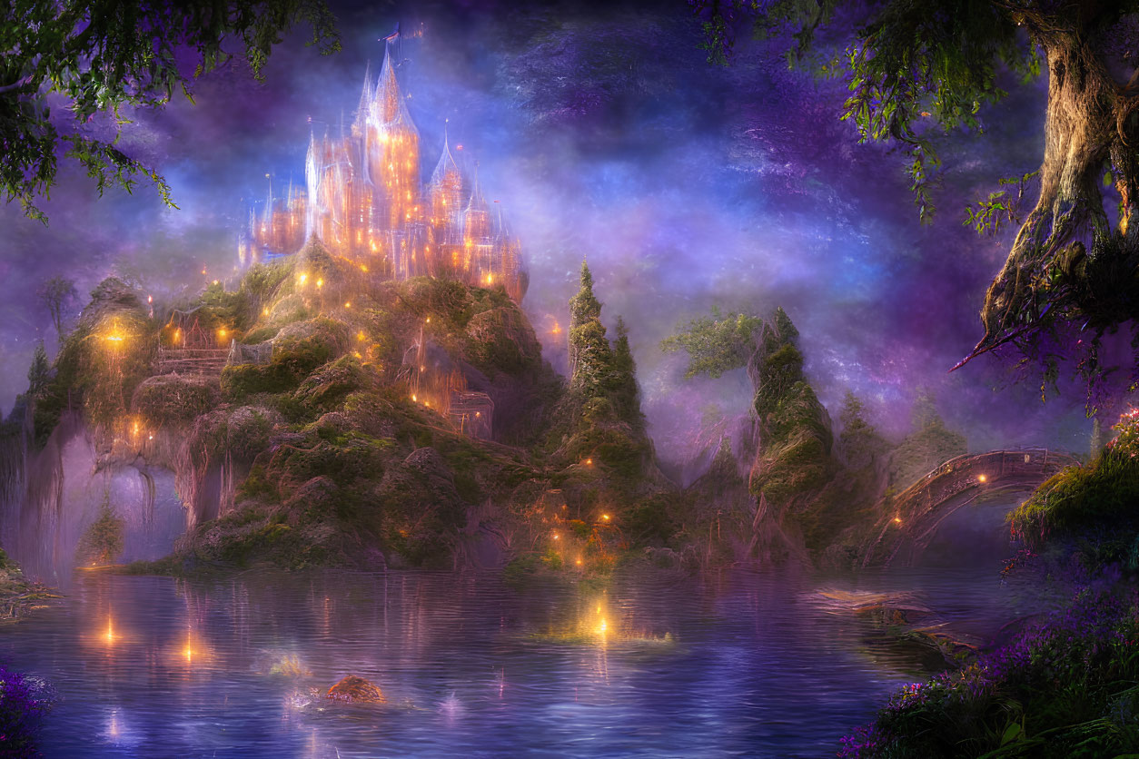 Glowing castle on hill in fantastical landscape with purple sky