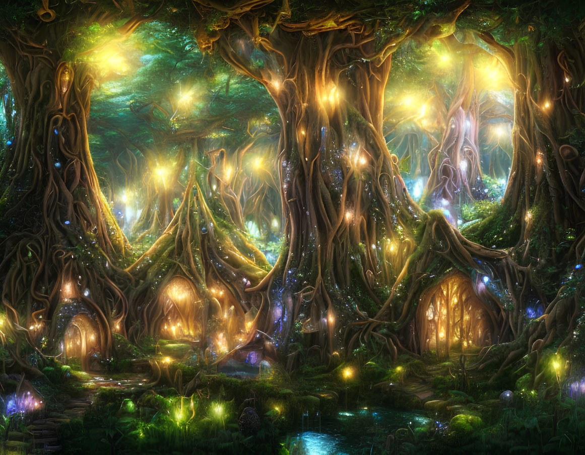 Luminous Forest with Glowing Trees and Treehouse Dwellings