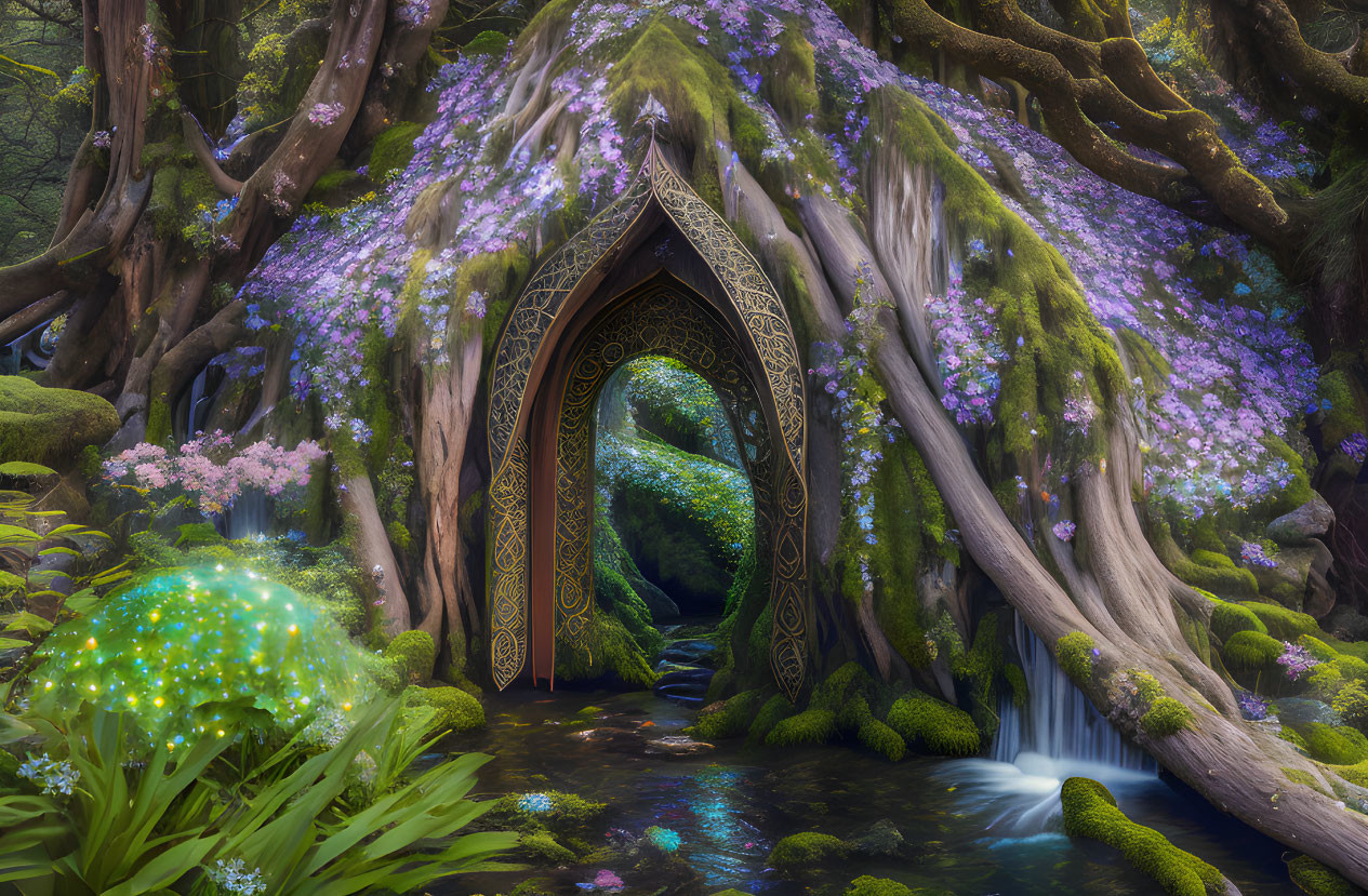 Enchanted moss-covered tree door with purple flowers and magical plant