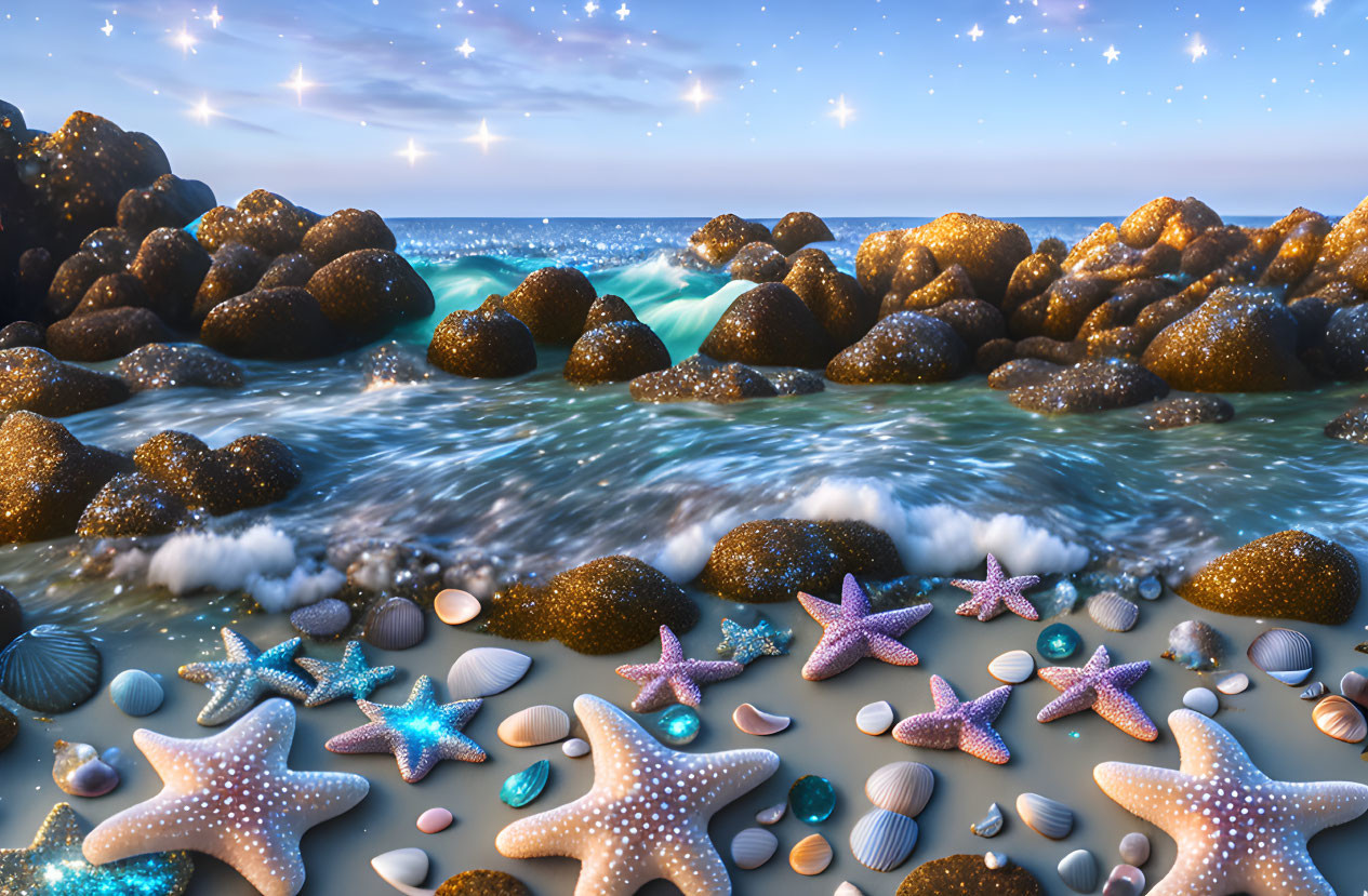 Twilight beach scene with starfish, shells, stars, waves, and rocky outcrops