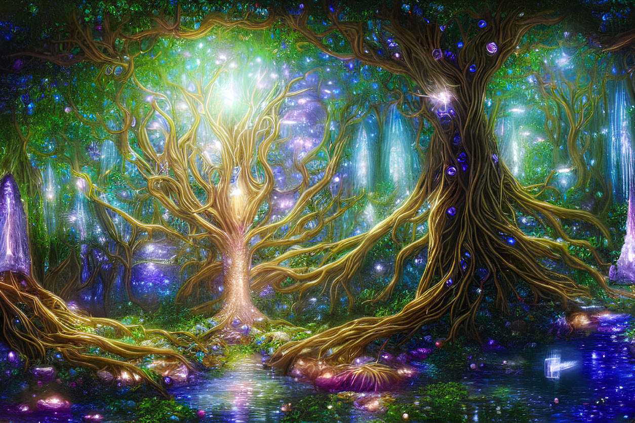 Mystical forest with glowing trees, orbs, and crystal structures