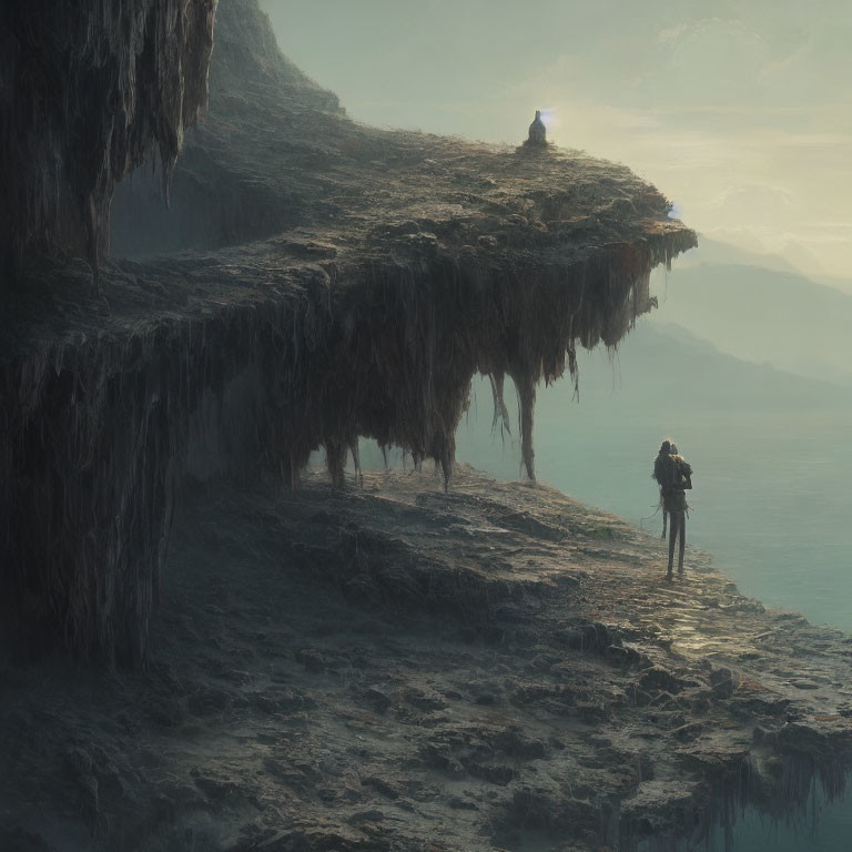 Figure on rugged cliff overlooking mystical landscape with hazy horizon
