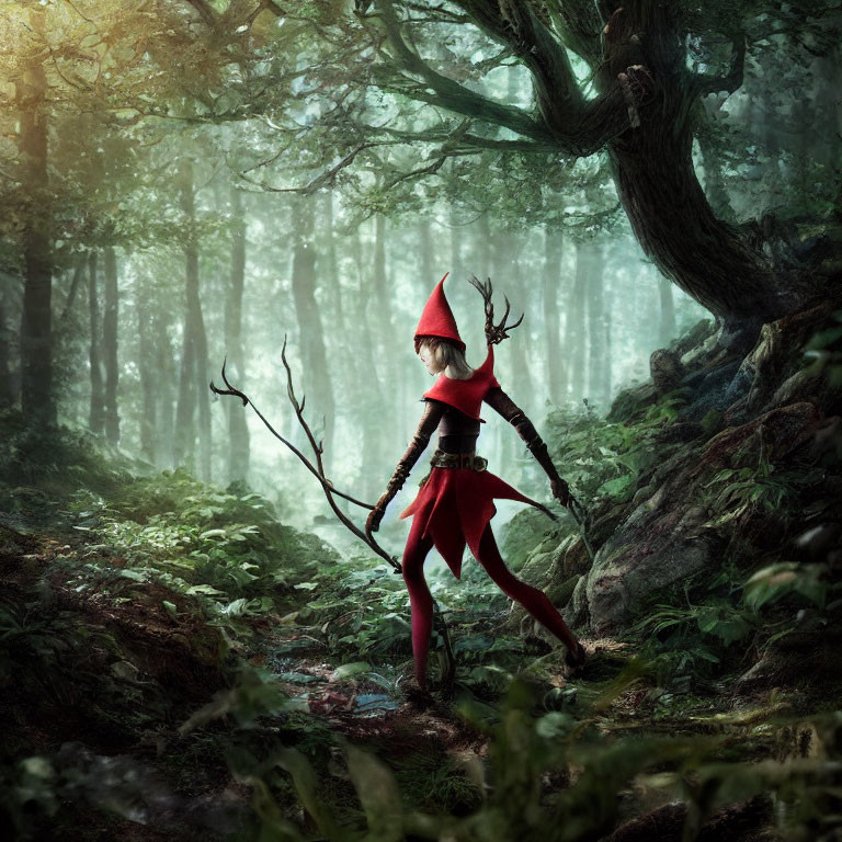 Fantasy figure with red cloak and antlers in misty forest with staff
