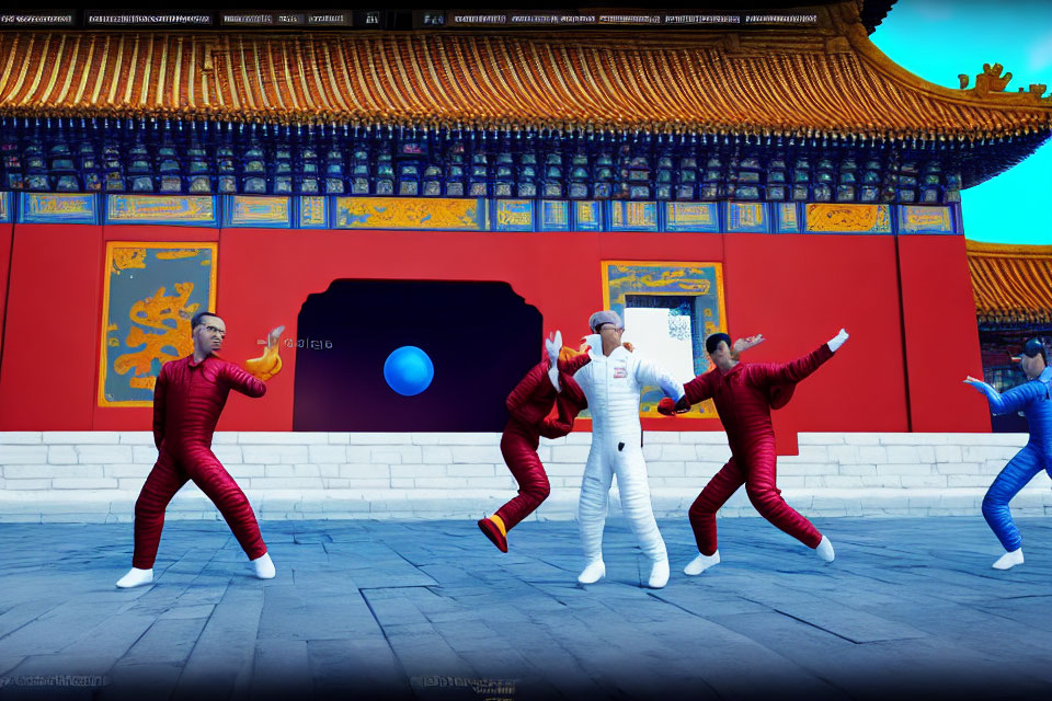 Four individuals in red and blue suits posing in front of vibrant red Chinese building