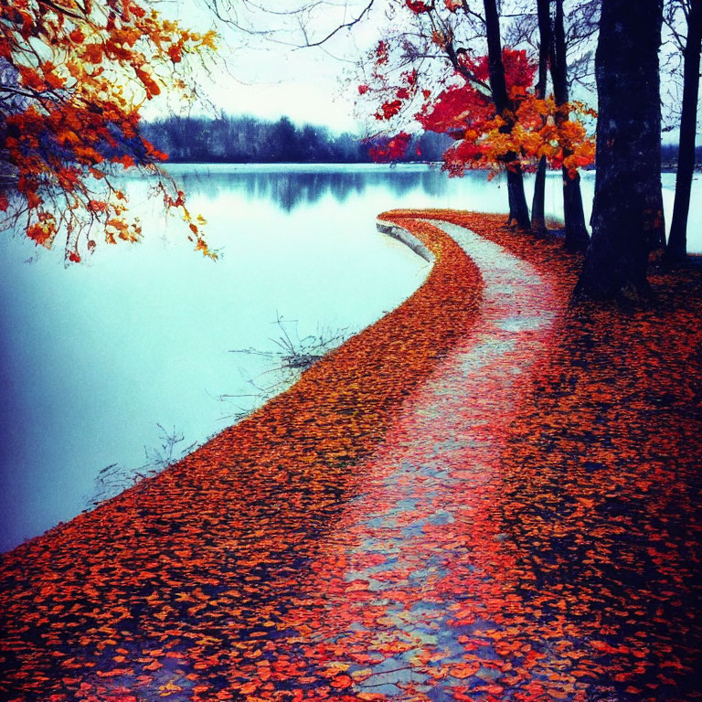 Tranquil lake with vibrant fall foliage and winding path