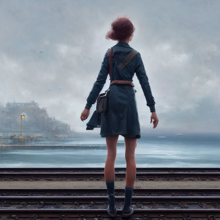 Woman on train tracks facing foggy cityscape by water, in contemplative pose.