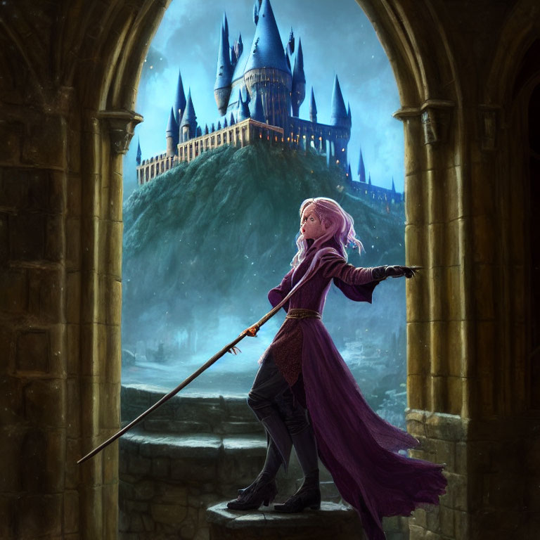 Fantasy artwork: character with sword gazes at castle from arched window