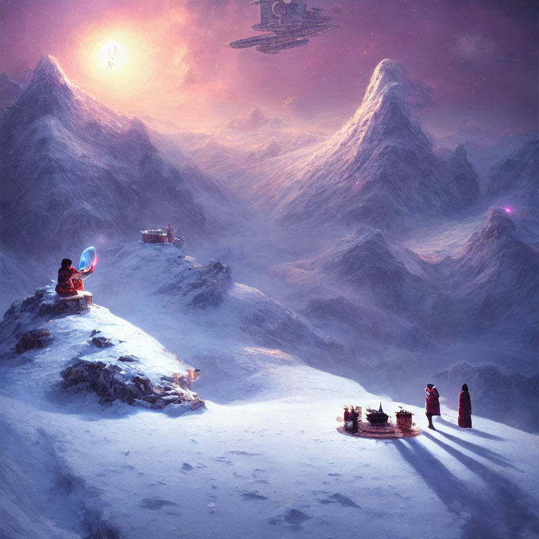 Snowy mountain landscape with robed figures, futuristic sled, and spacecraft at dusk