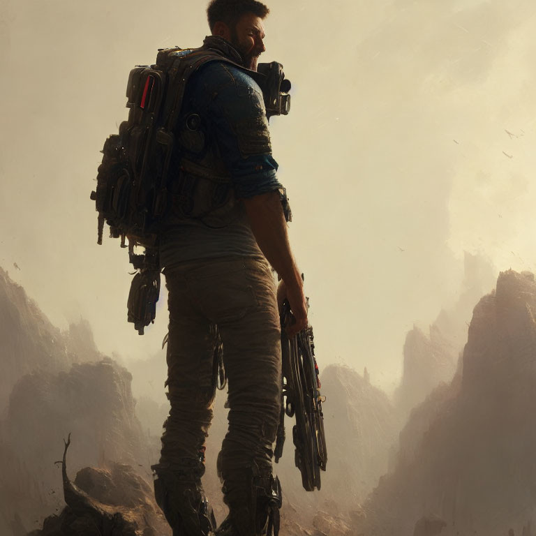 Traveler with backpack and gun gazes over misty mountain landscape
