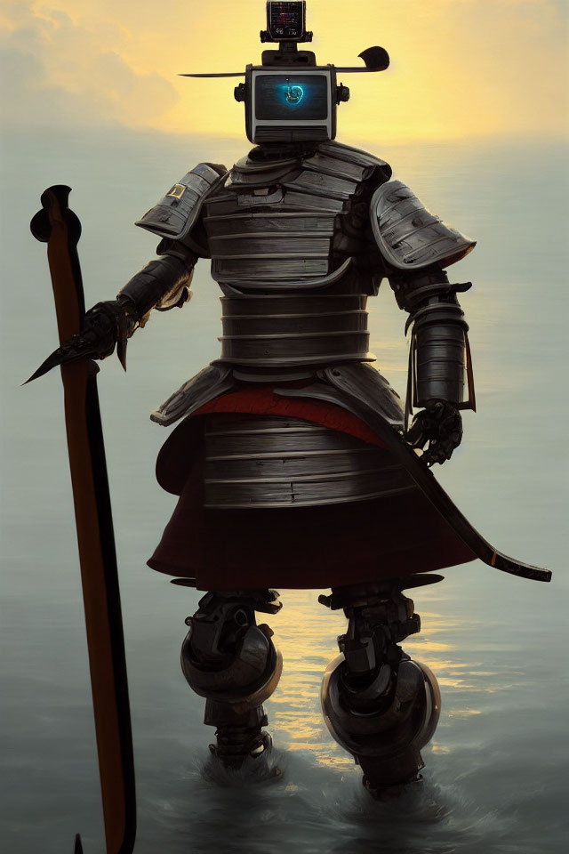 Samurai robot with spear in traditional armor fused with high-tech elements at dawn