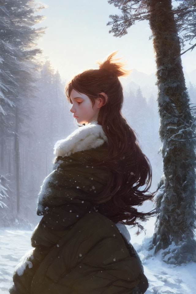 Serene young woman in warm jacket gazes into snowy forest
