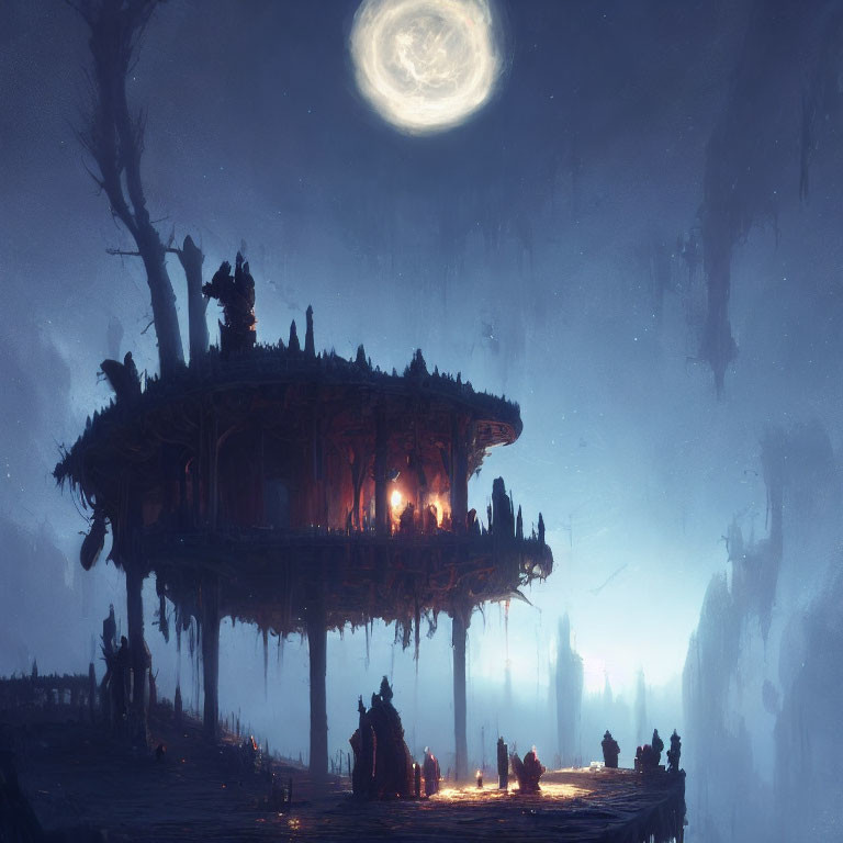 Mystical floating pavilion under full moon with silhouetted figures