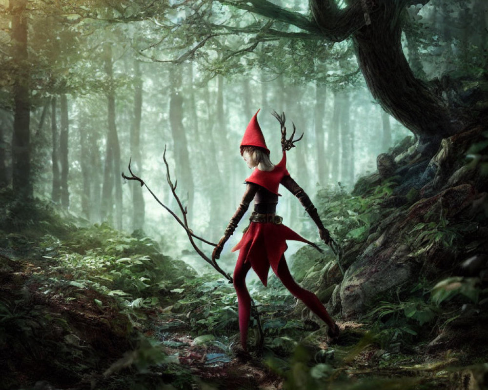Fantasy figure with red cloak and antlers in misty forest with staff