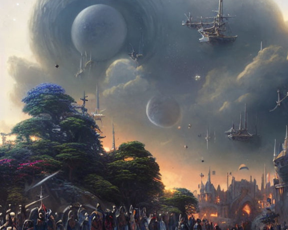 Crowd watching skyships near giant planets in medieval-futuristic city