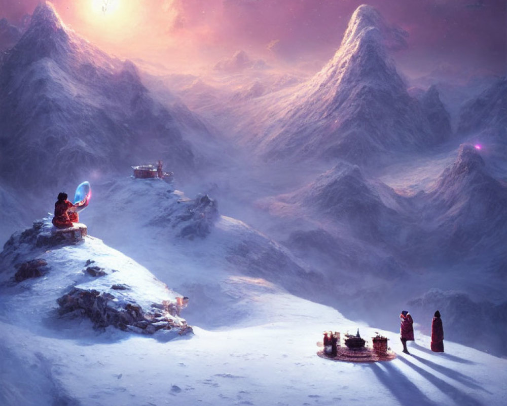 Snowy mountain landscape with robed figures, futuristic sled, and spacecraft at dusk