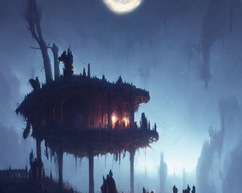 Mystical floating pavilion under full moon with silhouetted figures