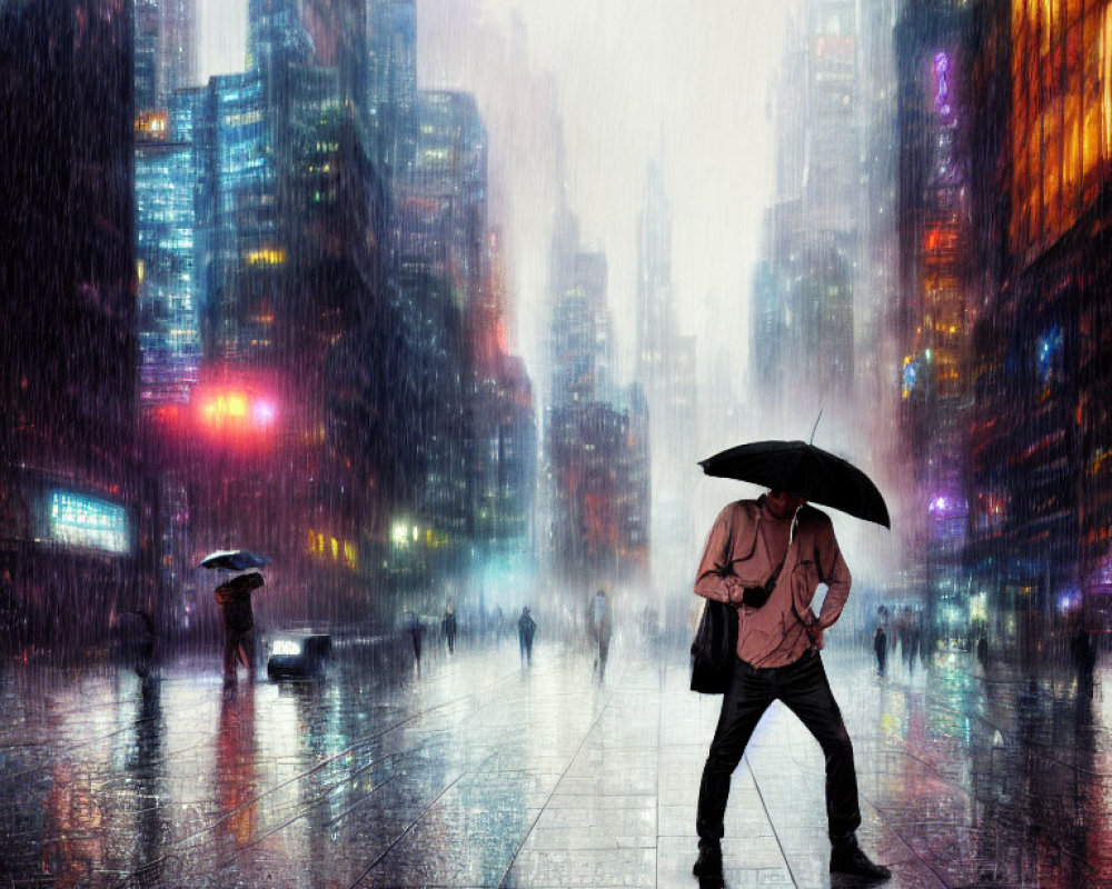 Pedestrian with umbrella in neon-lit rain-soaked cityscape at night