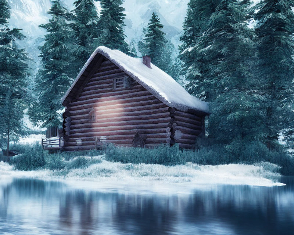 Snow-covered log cabin by calm lake in serene winter scene