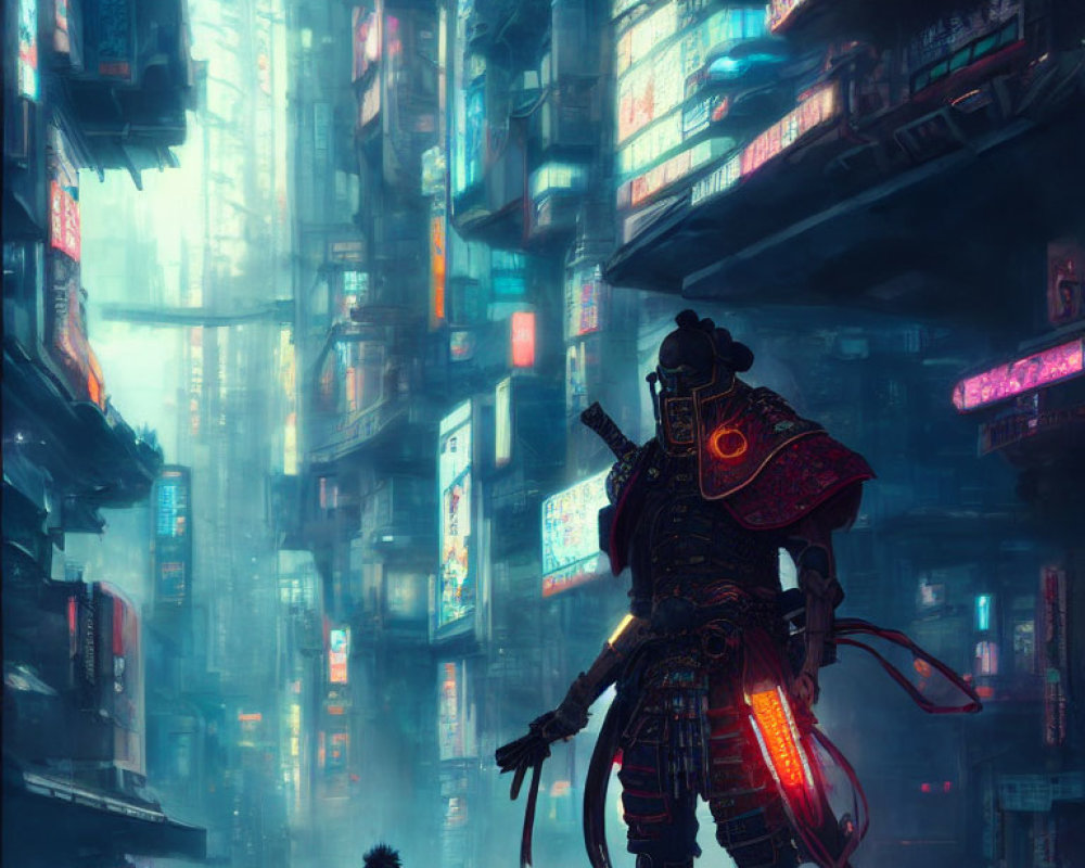 Futuristic samurai in glowing armor in cyberpunk cityscape