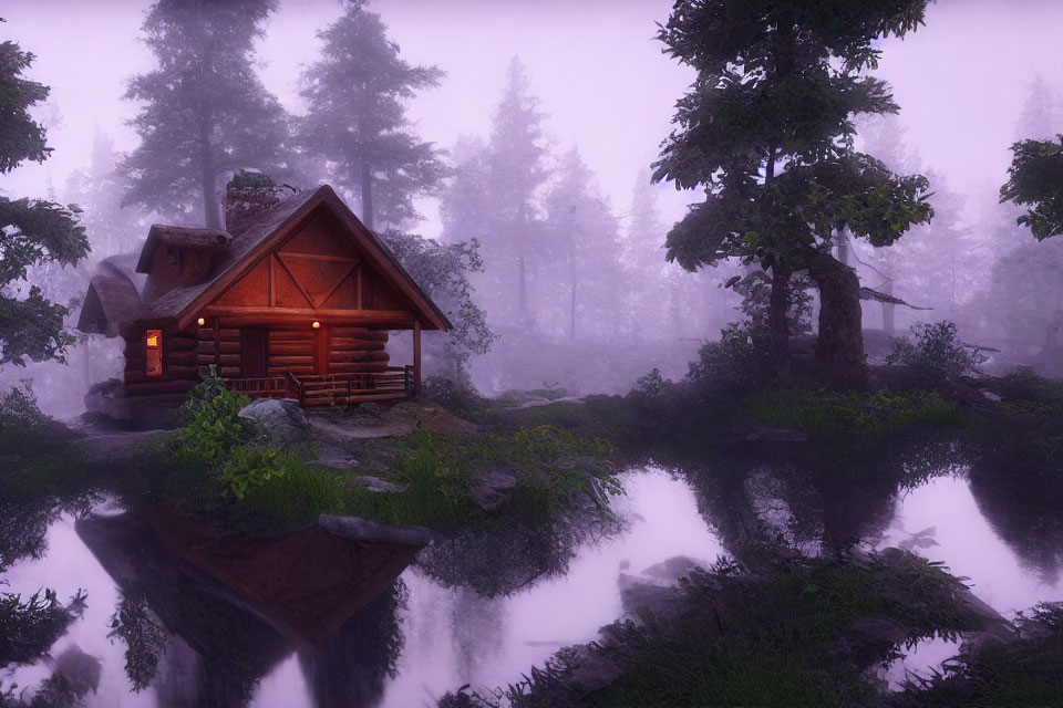 Misty forest scene with cozy cabin by reflective pond