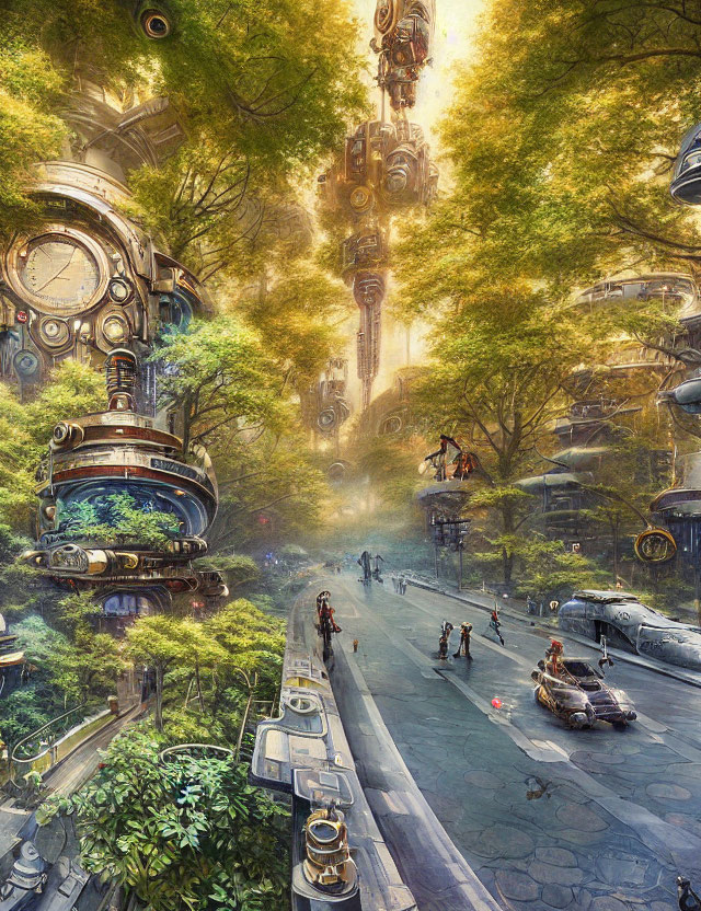 Sci-fi cityscape with steampunk buildings and lush greenery in warm light