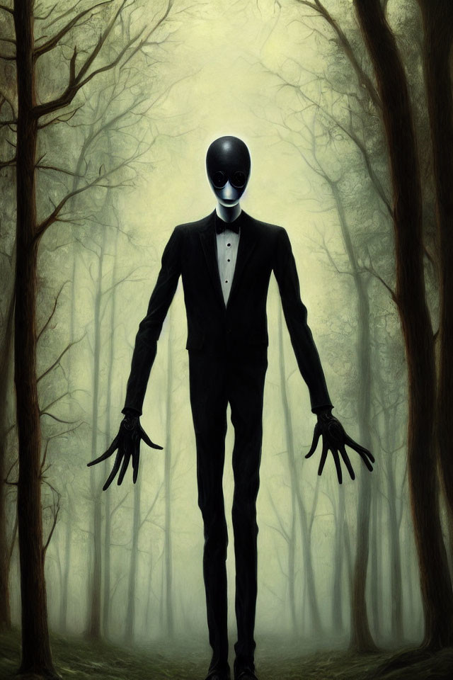 Black-suited humanoid in misty surreal forest with oversized head.
