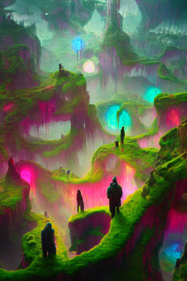 Fantasy landscape with towering rock formations and glowing flora.
