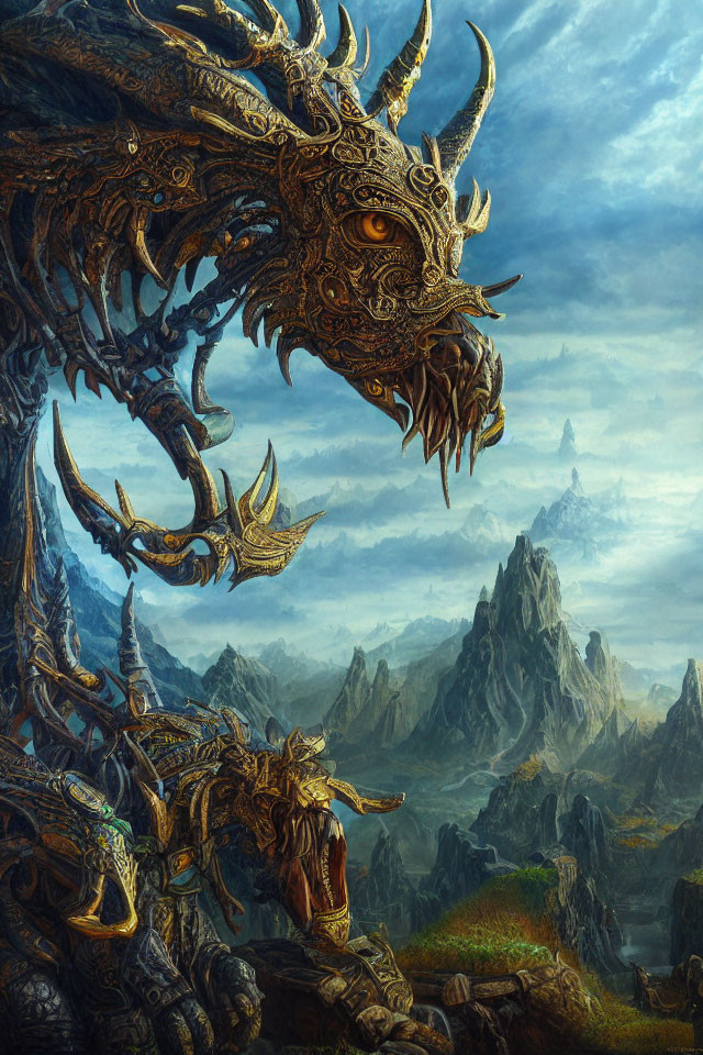 Metallic Dragon Over Rugged Mountain Landscape with Castle