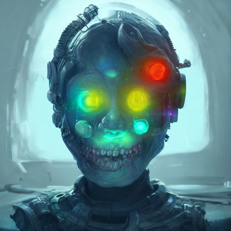 Robotic head with skull-like face and glowing eyes in cool-toned setting