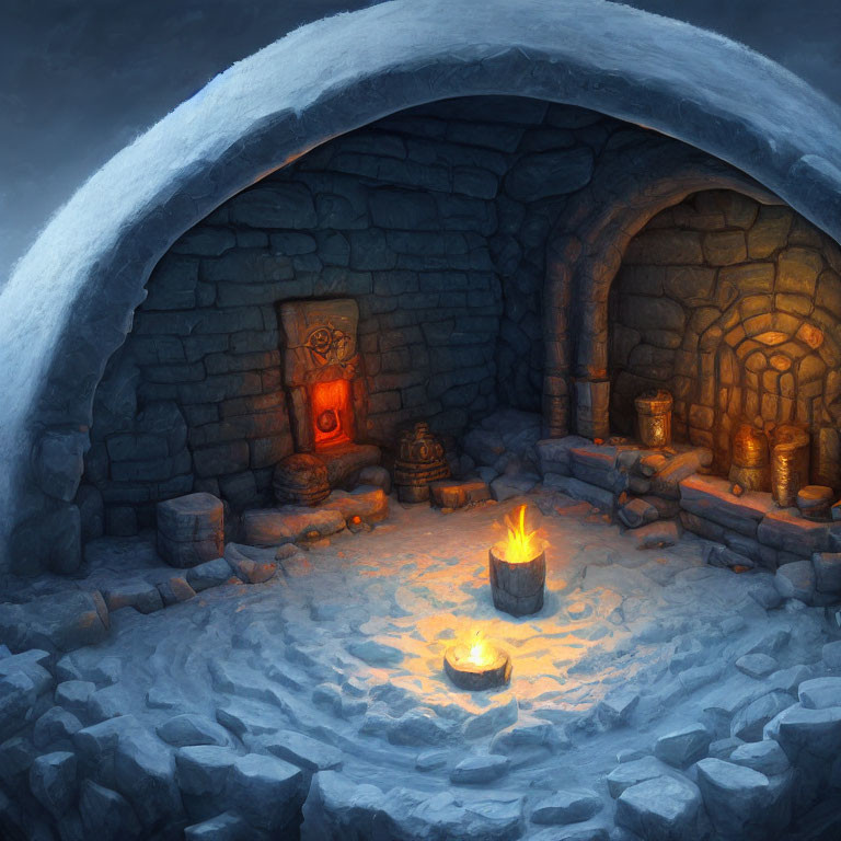 Subterranean room with fire in snowy landscape