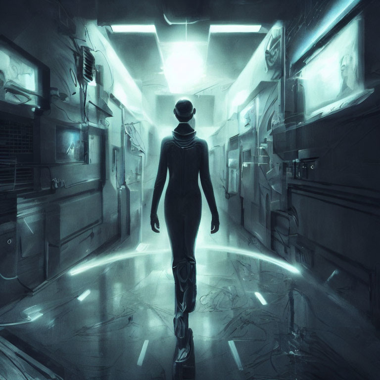 Silhouetted figure in neon-lit futuristic cyberpunk corridor