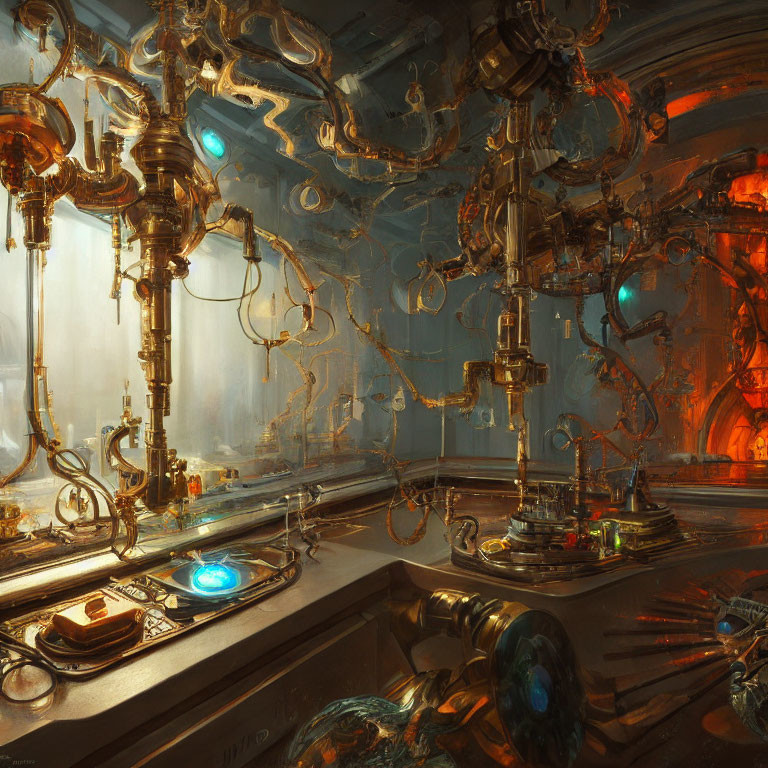 Sci-fi laboratory with glowing blue elements and intricate machinery