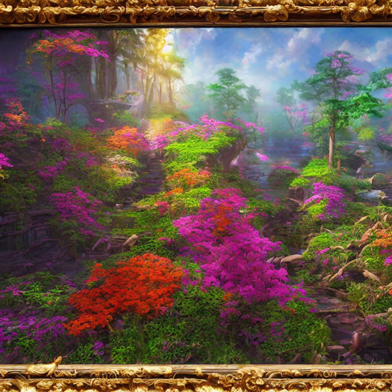 Colorful fantasy forest scene with pink and red flowers, misty ambiance, serene pond, and soft