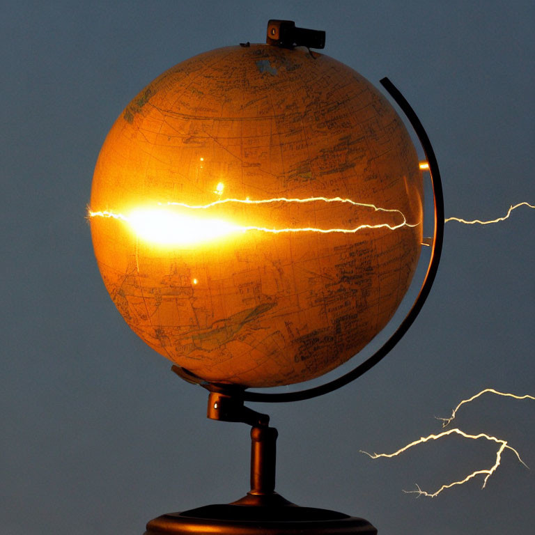 Illuminated World Globe with Lightning Streak in Twilight Sky