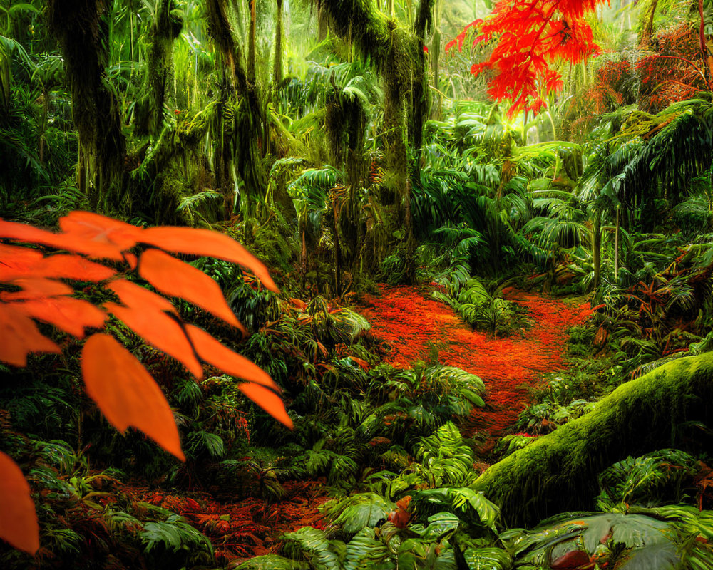 Colorful autumn leaves against green forest backdrop with moss-covered trees and fern carpet, creating mystical ambiance