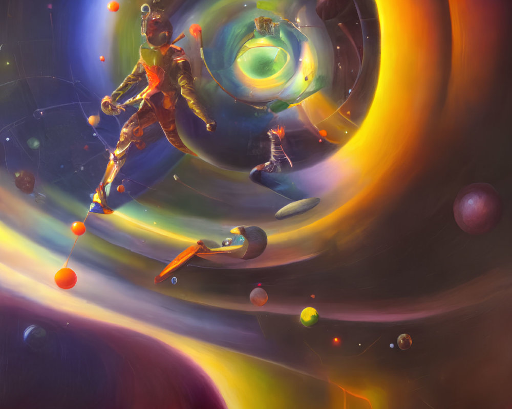 Surreal digital painting: Entities in space voids, swirling colors, celestial bodies, disjointed