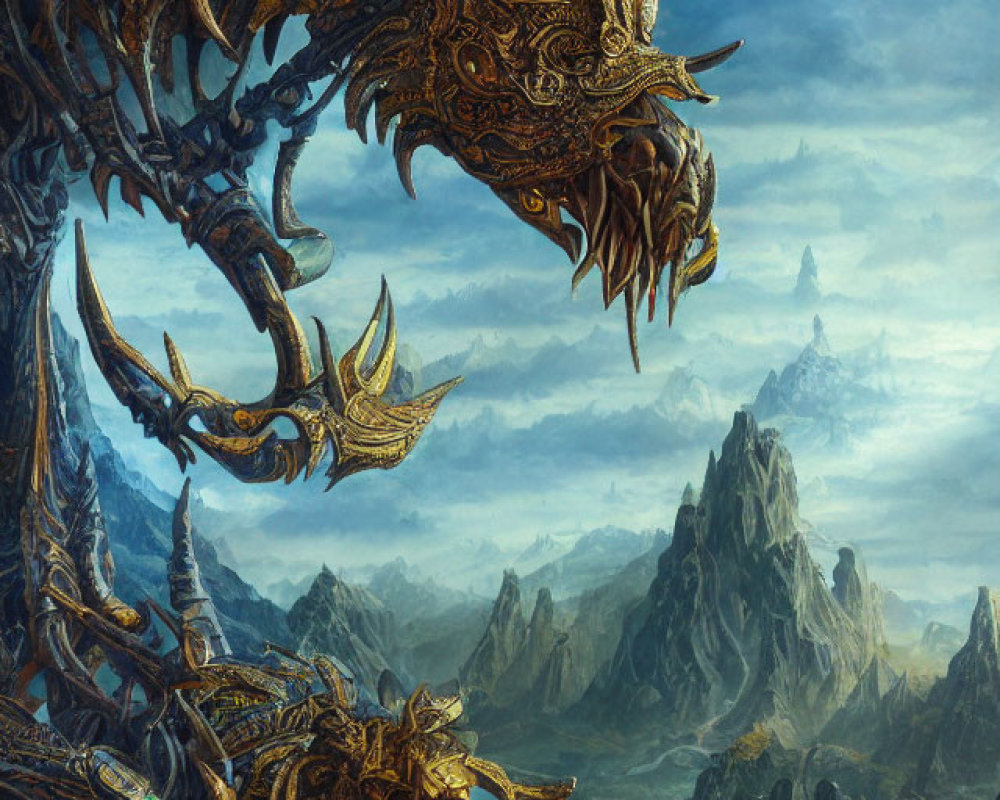 Metallic Dragon Over Rugged Mountain Landscape with Castle