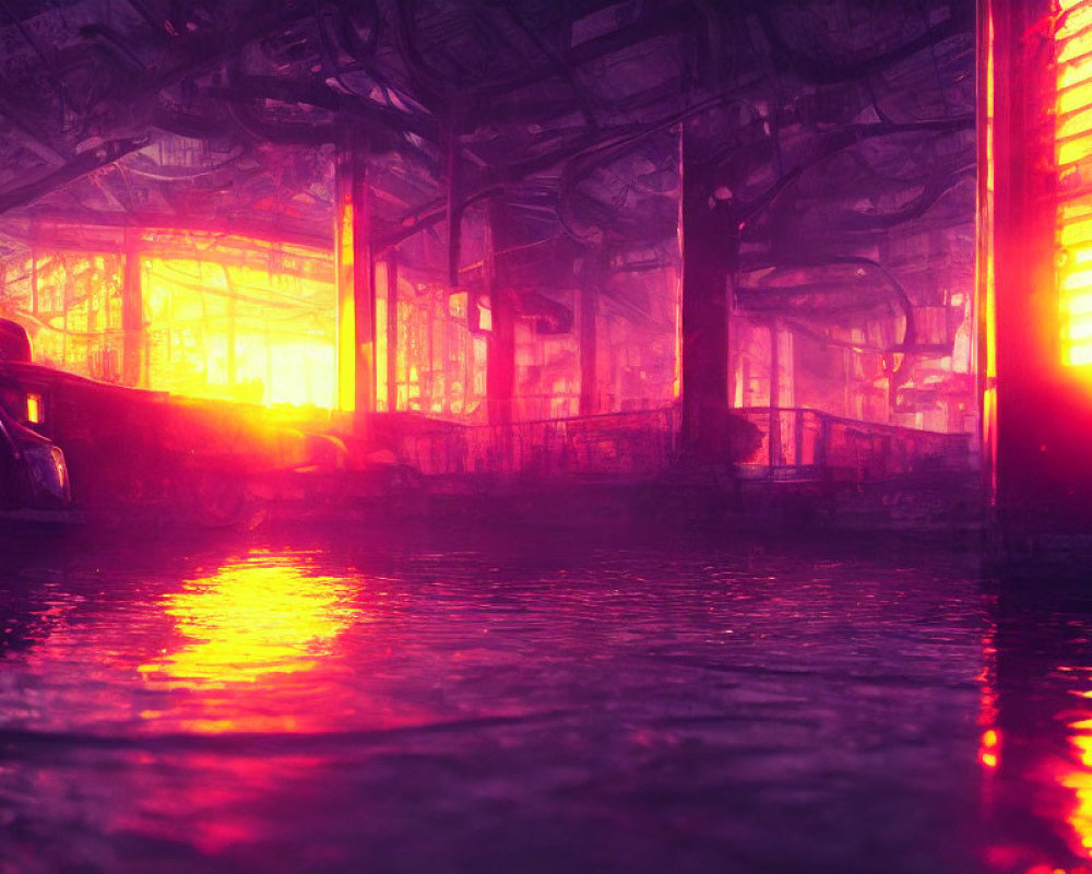 Abandoned industrial interior with neon lights reflecting in water