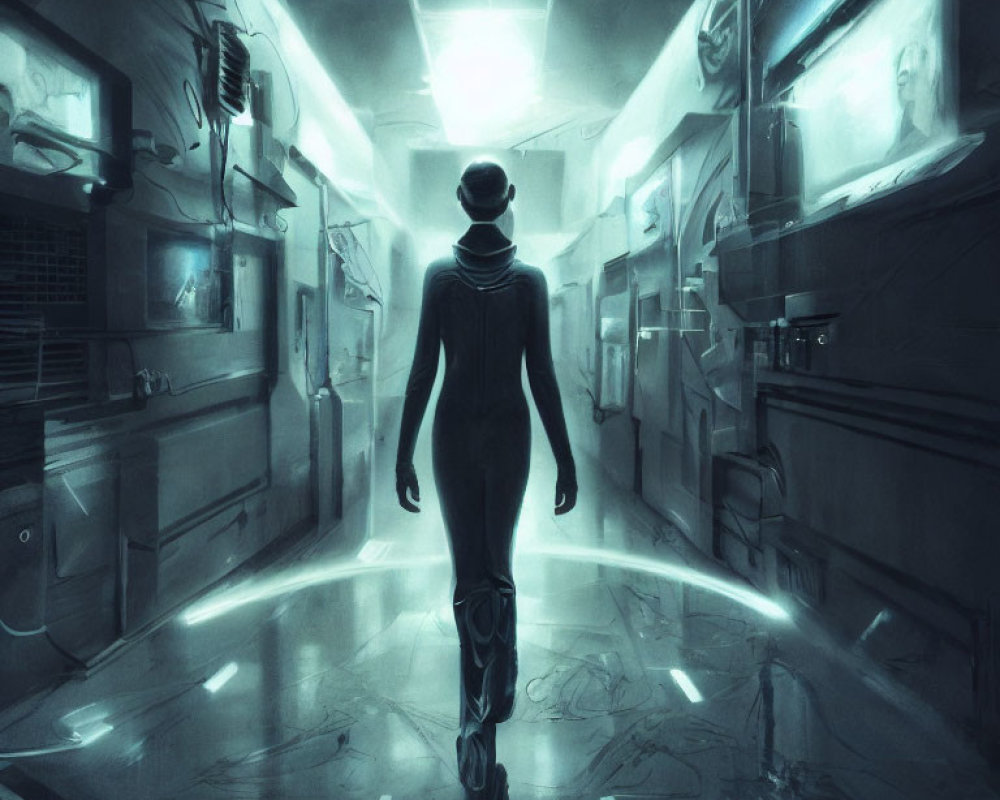 Silhouetted figure in neon-lit futuristic cyberpunk corridor