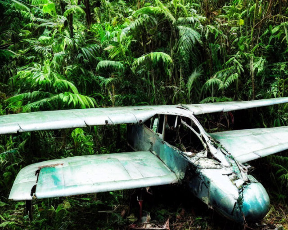 Abandoned plane covered in vegetation in dense jungle